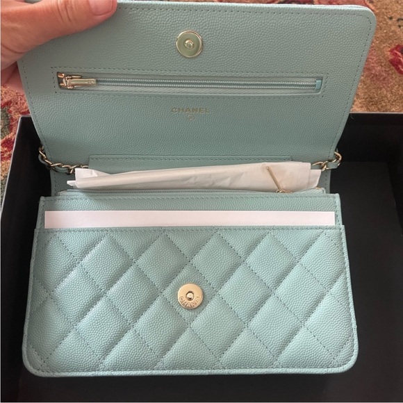 NIB New Chanel Tiffany light blue Caviar Quilted Leather wallet on a chain gold - Picture 3 of 4